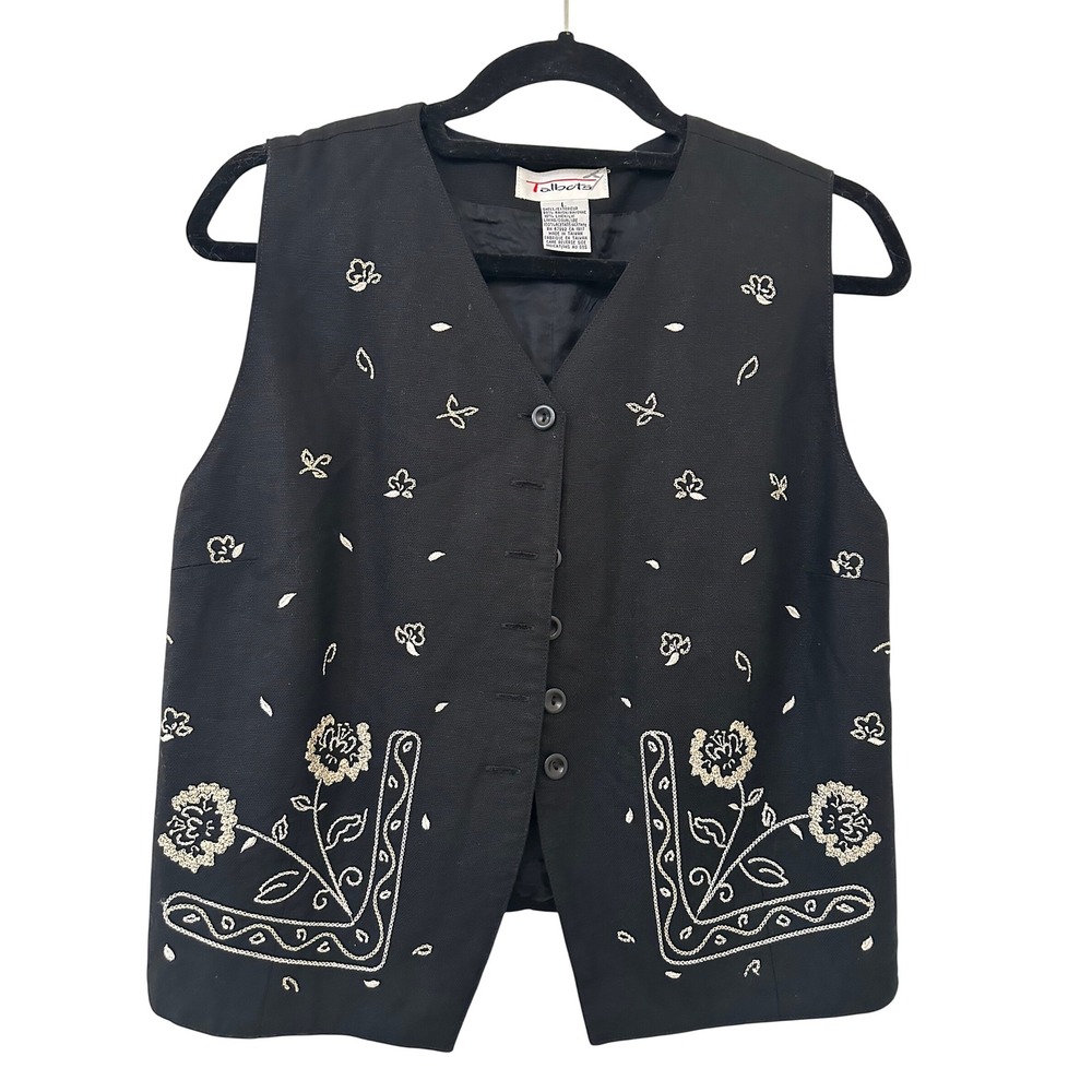 Talbots Vintage Black Embroidered Floral Vest Linen Blend Womens L Cottagecore